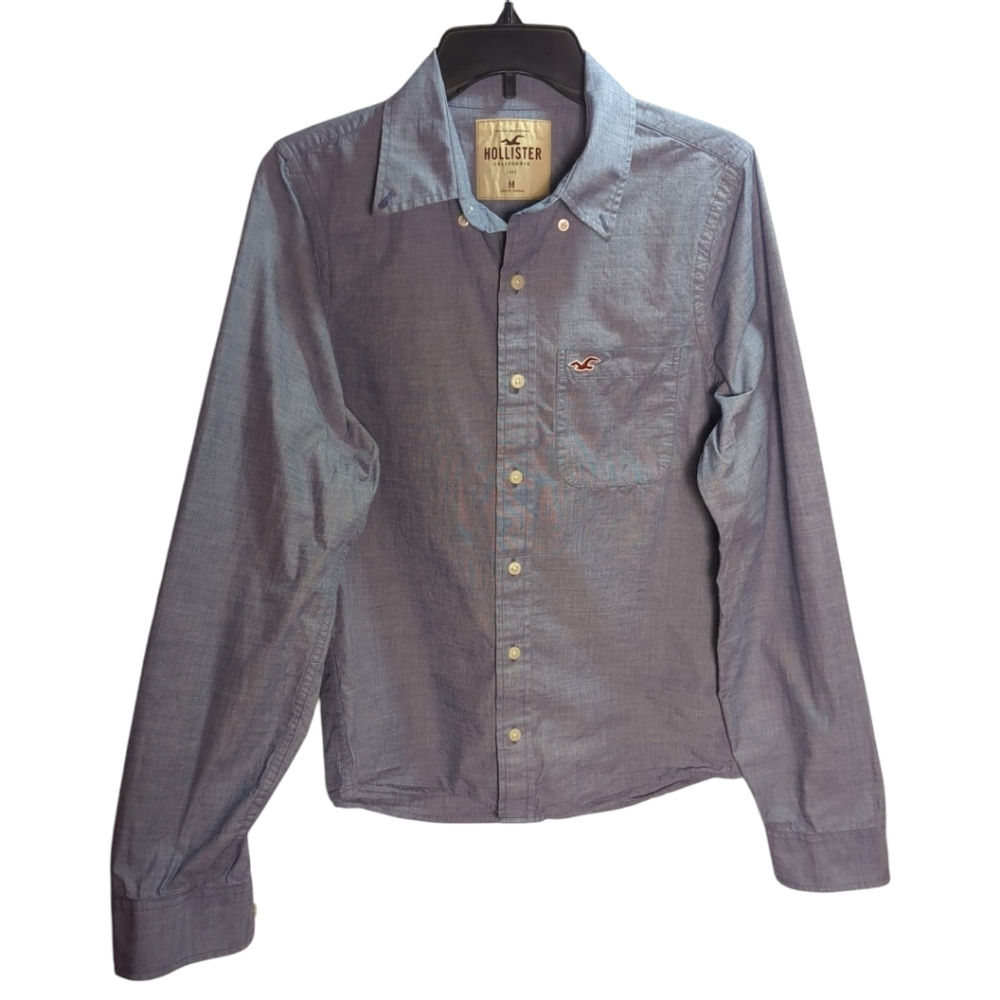 Hollister Shirt Men's Med Chambray Blue LS Shirt Logo Pocket - Picture 1 of 4